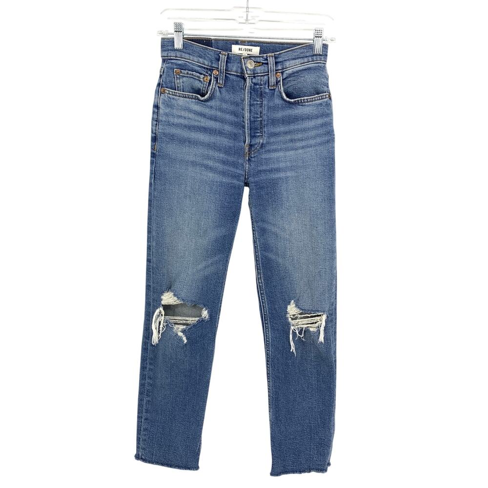 Re/Done 70's Stove Pipe High Rise Straight Jean Womens 24 Medium Wash Distressed